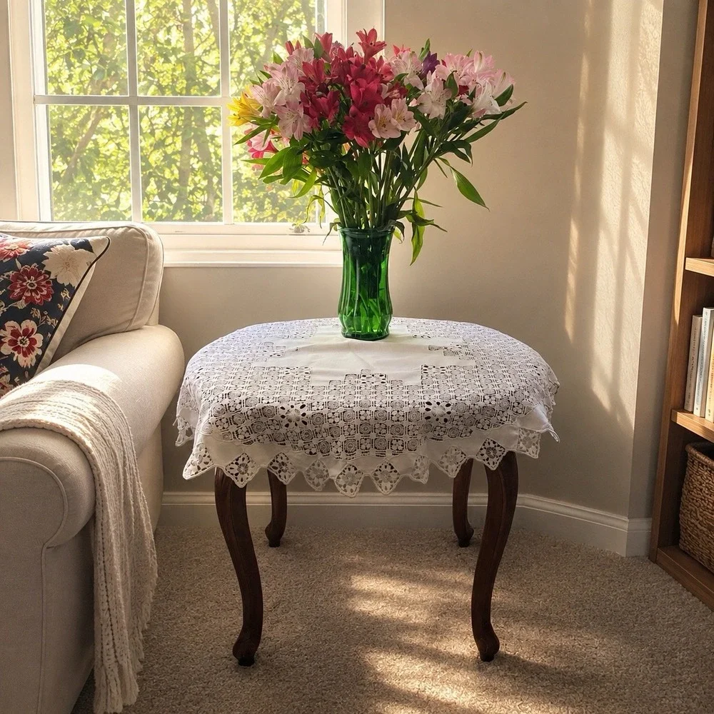 Vintage Handmade Round Lace Cutwork Tablecloth 31